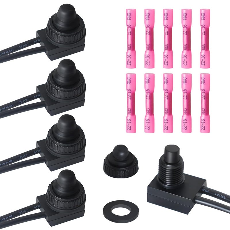 Gephynm 5PCS Waterproof Switch 12v, ON/Off SPST Waterproof Push Button Switch with 4.6 inch Lines for Auto, Motorcycle, RV, ATV and Boat (Black) KP-107 - Image 1